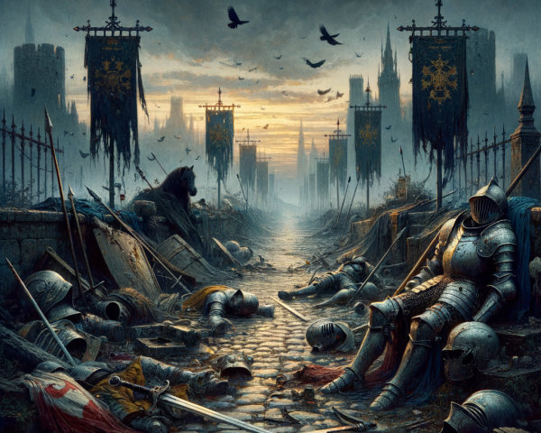 Desolate Medieval Battle Scene with Shadowy Ruins