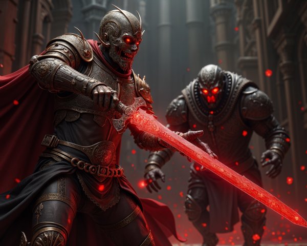 Fierce Warrior with Glowing Sword in Gothic Setting