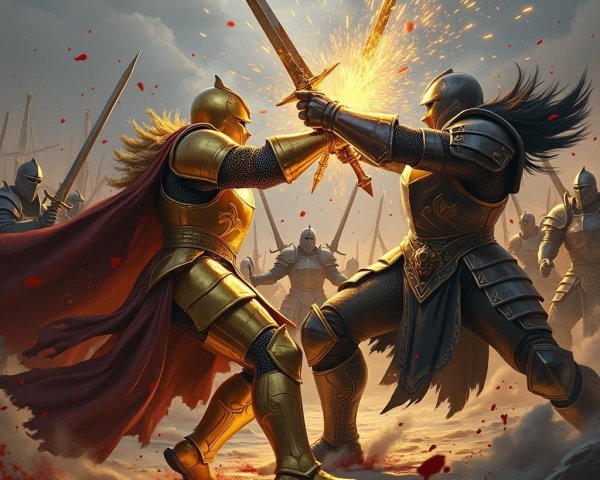 Battlefield Clash of Armored Knights with Sparks Flying
