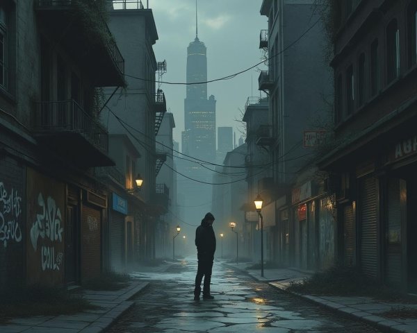 Mysterious Figure in Foggy Urban Street Scene
