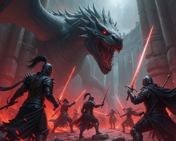 Dragon Confrontation in an Ancient Chamber