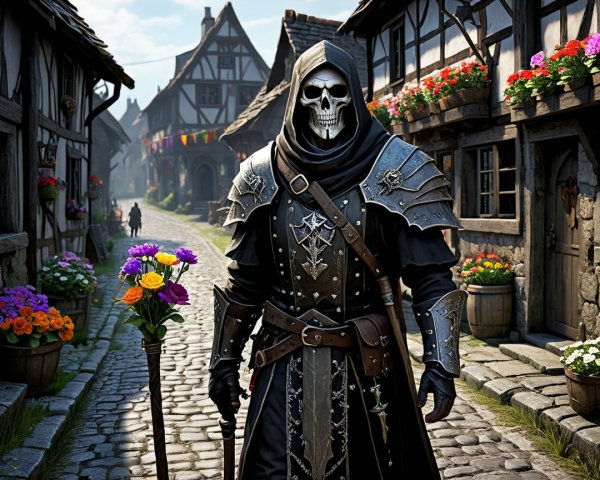 Menacing Figure in Dark Armor on Cobblestone Street