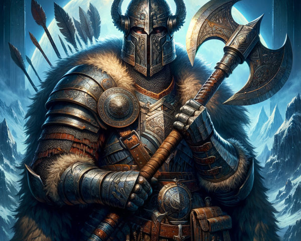 Warrior in Rugged Armor with Axe and Staff in Snowy Scene