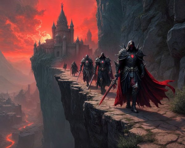Armored Warriors Marching on Cliff with Castle Background
