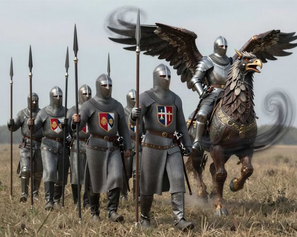 Medieval Knights Marching with Armored Griffin in Field