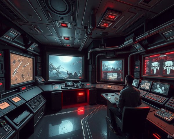 High-tech control room with spacecraft displays and lighting