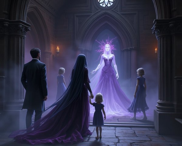 Ethereal Woman in Purple Gown Surrounded by Figures