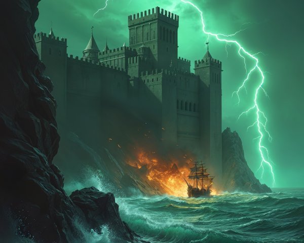 Dramatic Castle Overlooking Stormy Sea and Flames