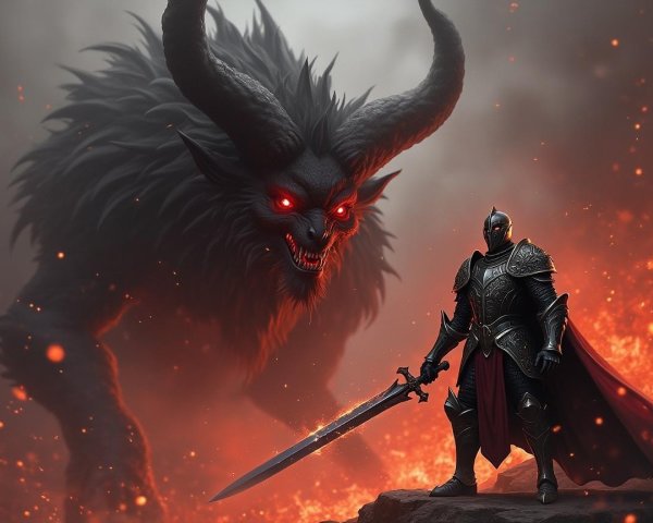 Knight in Armor Faces Shadowy Beast in Fiery Battle