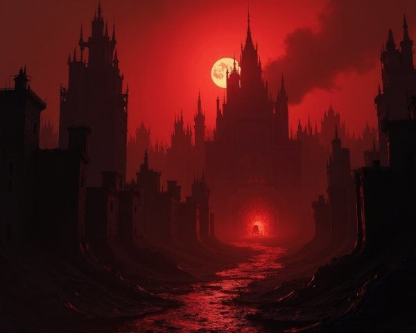 Gothic Landscape with Dark Castles and Red Sky