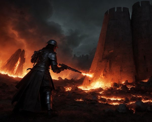 Lone Figure in Fiery Landscape with Futuristic Weapon