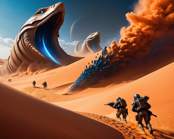 Colossal Serpent Creatures in a Desert Landscape