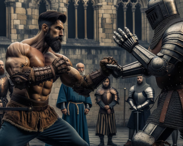 Warrior and Knight Face Off in Medieval Castle Courtyard