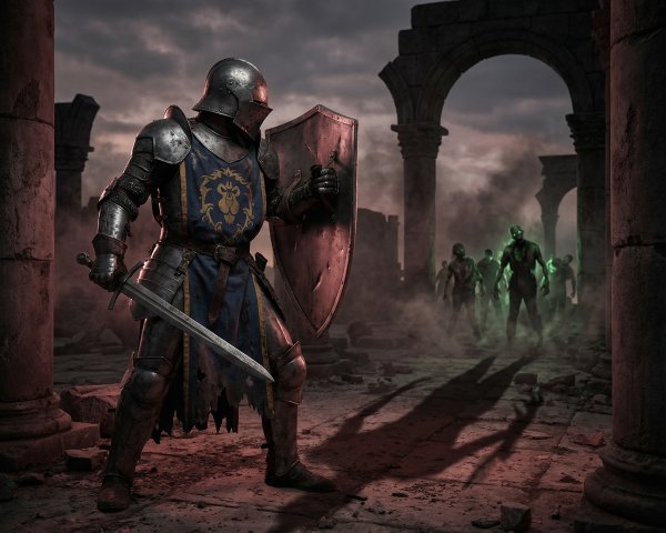 Knight in Armor Faces Zombies in Ancient Ruins