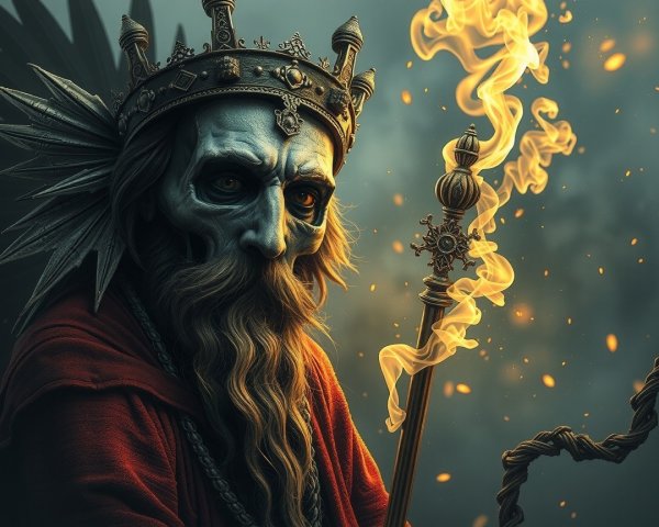 Regal figure with skull-like face and ornate crown