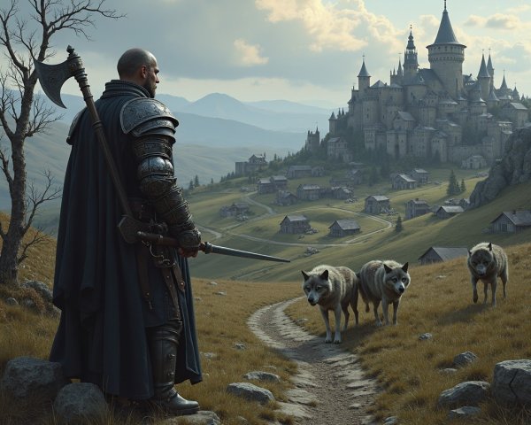 Knight with Axe on Rocky Path Near Distant Castle