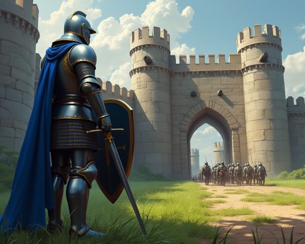 Knight at Castle Entrance with Armored Soldiers Approaching