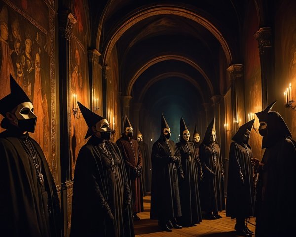 Dimly Lit Corridor with Cloaked Figures and Paintings