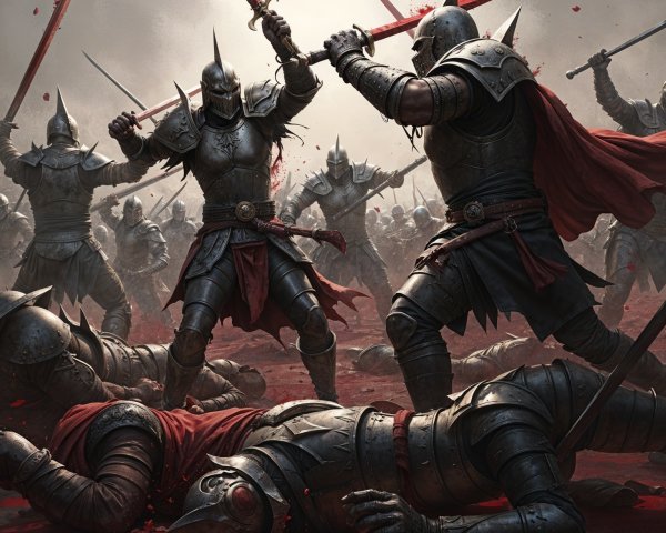 Armored Knights Clash in Chaotic Battlefield Scene