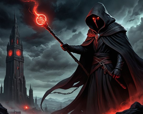 Cloaked Figure with Glowing Staff Near Ominous Castle