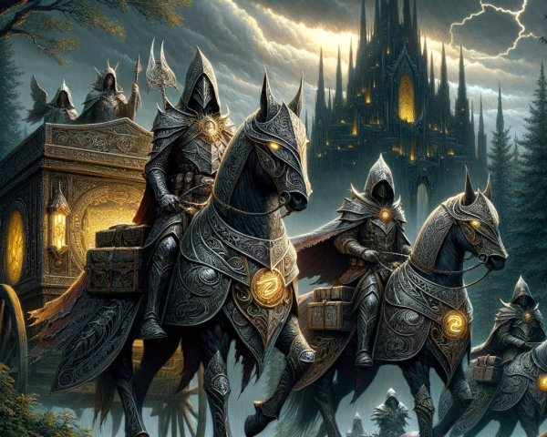 Armored Knights Riding in a Shadowy Forest Scene