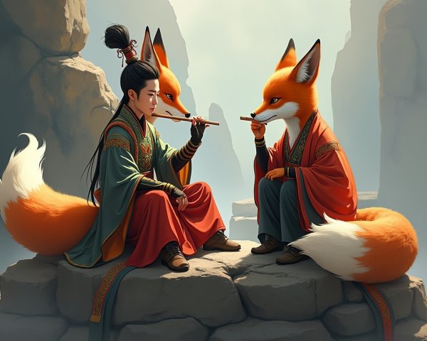 Mystical Landscape with Flute Player and Fox Companions