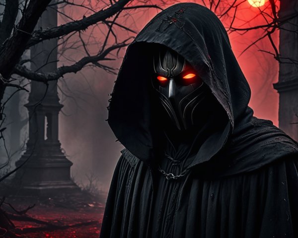 Mysterious figure in dark setting with glowing eyes