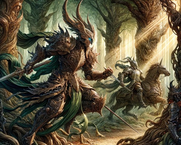 Warrior in Armor in Mystical Forest Setting