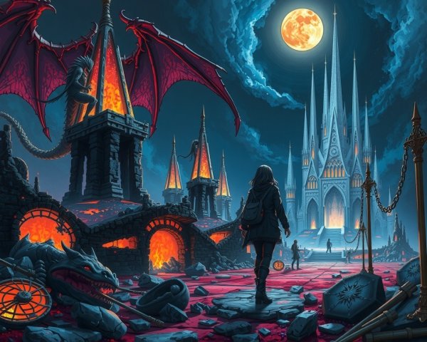Dark Fantastical Landscape with Gothic Castle and Dragons