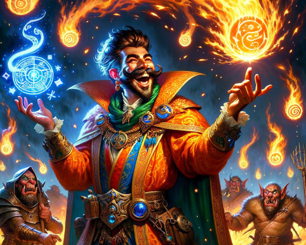 Flamboyant Wizard Casting Fiery Spells with Goblins