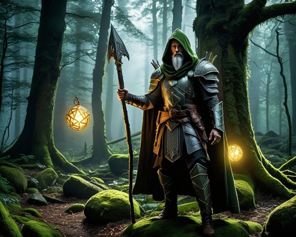 Cloaked Figure in Mystical Forest with Glowing Orbs