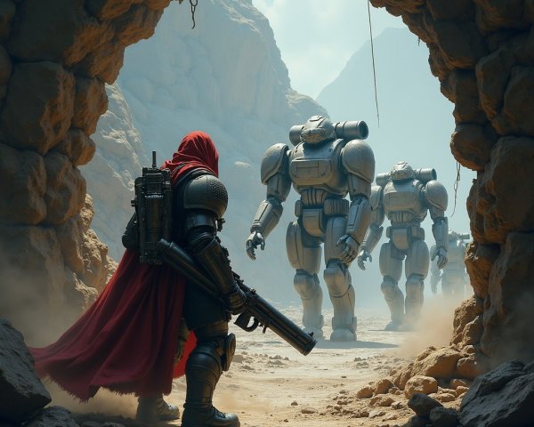 Cloaked Figure and Armored Robots in Rugged Canyon