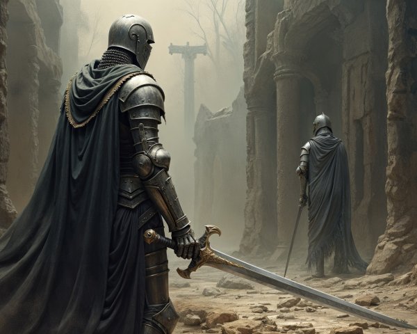 Knights in Dark Armor Amidst Ancient Ruins