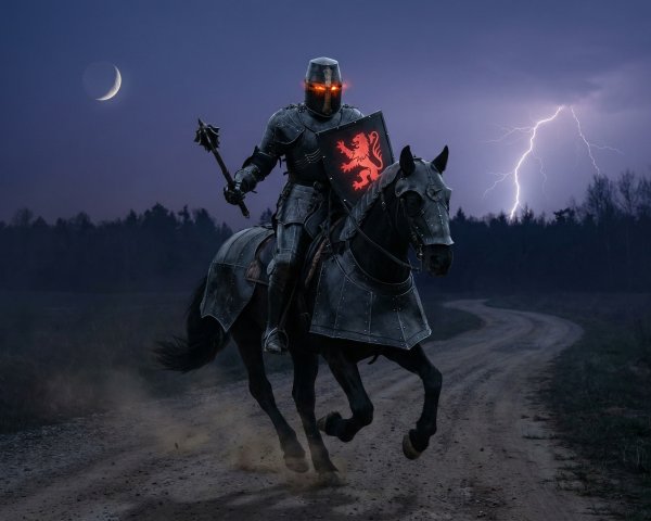 Armored Knight on Horse with Dark Sky and Lightning