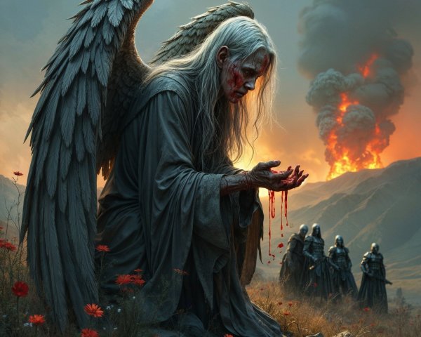 Somber angel in desolate landscape with vibrant flowers