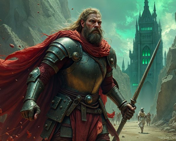 Valiant warrior in armor amid rugged landscape and castle
