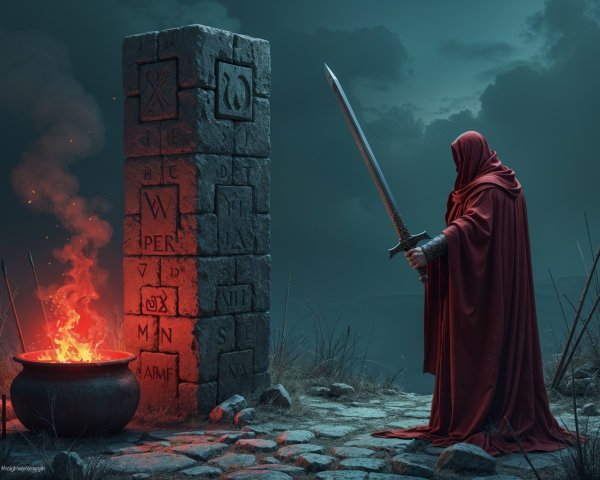 Cloaked Figure by Glowing Pillar in Mystical Landscape