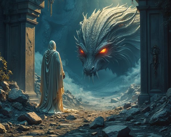Cloaked Figure Confronts Dragon in Mystical Cavern