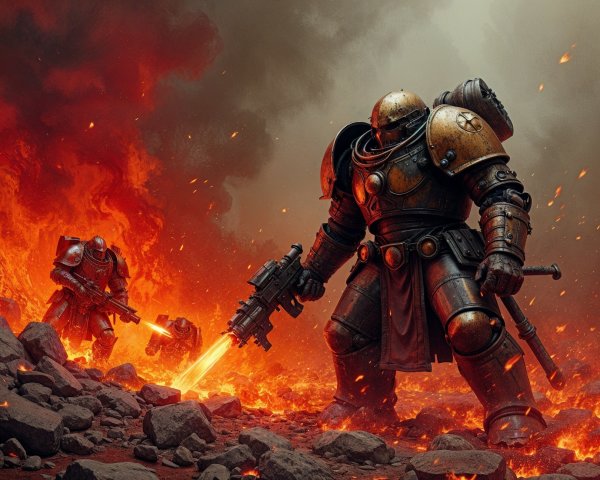 Armored Warriors in Fiery Battle Landscape