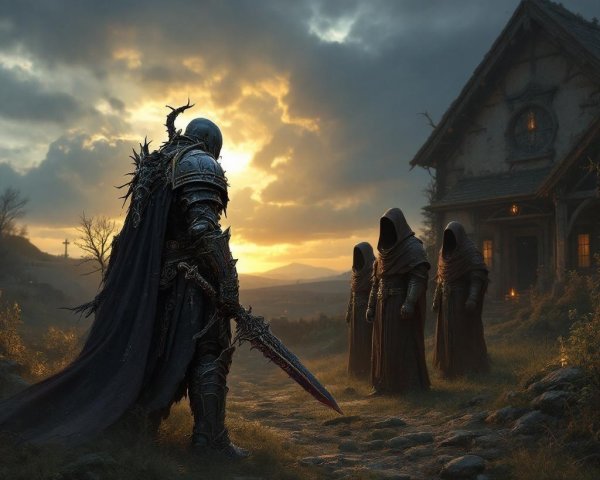 Armored Warrior Confronts Hooded Figures at Sunset