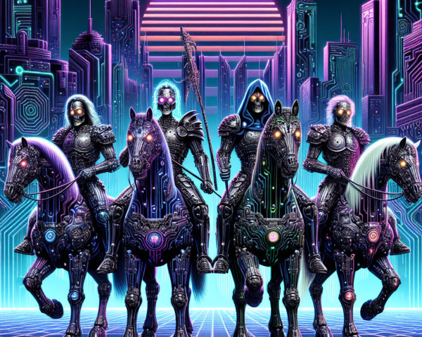 Futuristic Knights on Cybernetic Horses in Neon City