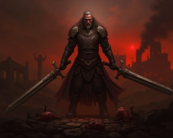 Warrior in Dark Armor Amidst War-Torn Landscape