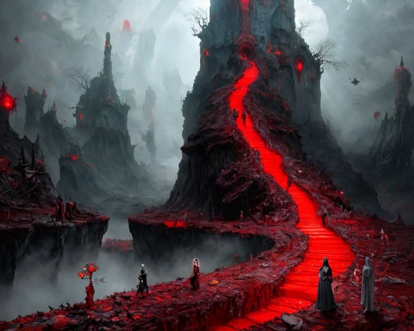 Surreal Landscape with Dark Mountains and Red Pathway