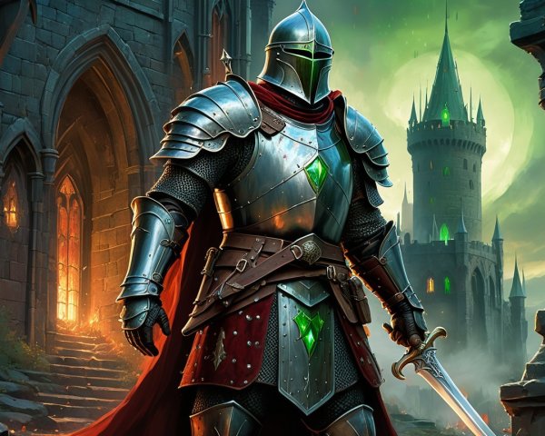Knight in Armor with Castle and Eerie Green Glow