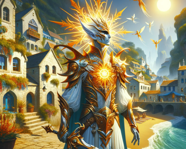 Mythical Figure in Golden Armor at Coastal Village