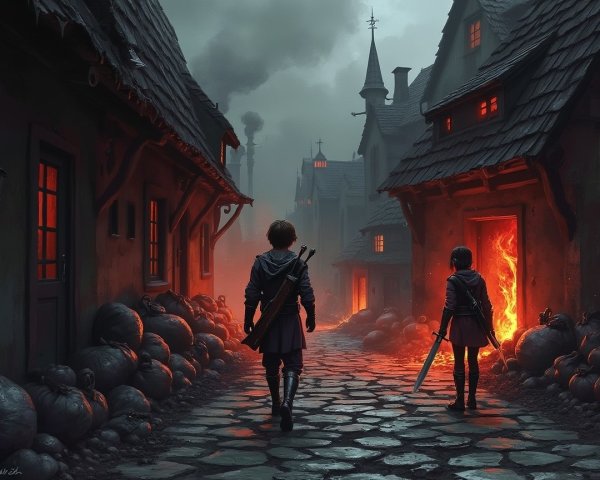 Mysterious Village with Cloaked Figures and Eerie Atmosphere