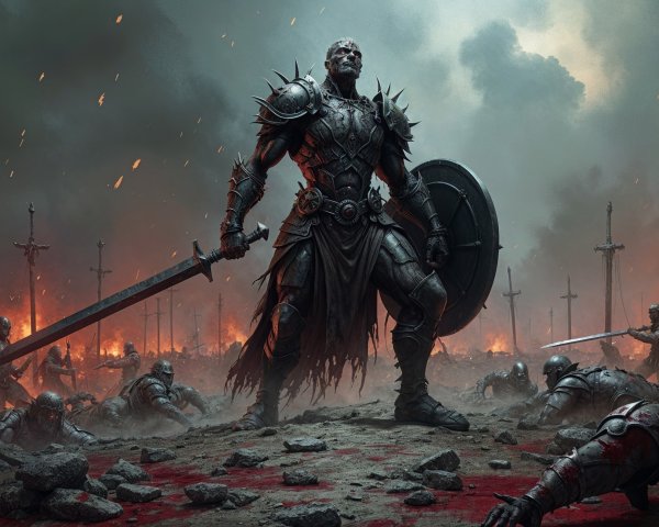 Warrior in Dark Armor on Bloodied Battlefield