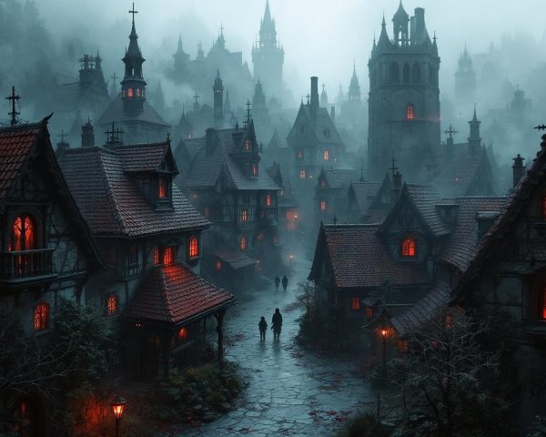 Misty Twilight Village with Gothic Architecture and Fog