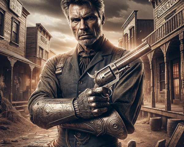 Rugged Gunslinger in Dusty Wild West Town Scene