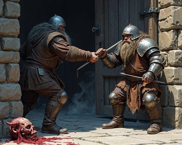 Armored Warriors Duel Near Stone Fortress